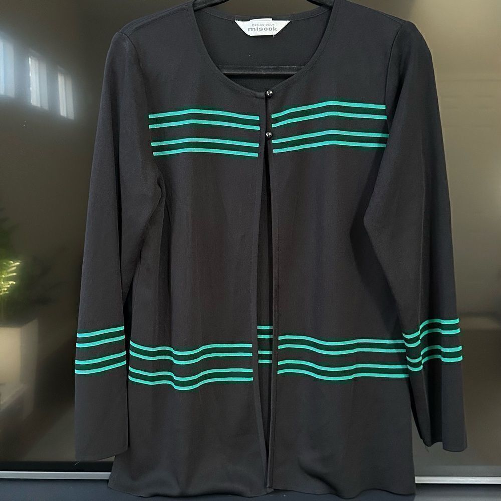 Exclusively Misook Cardigan Black Green Stripes Long Sleeve, Size M